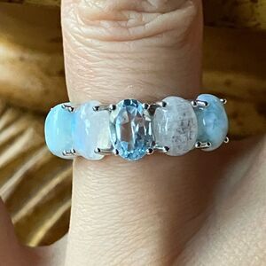 Blue Topaz Rainbow Moonstone Sterling Silver Ring Size 6